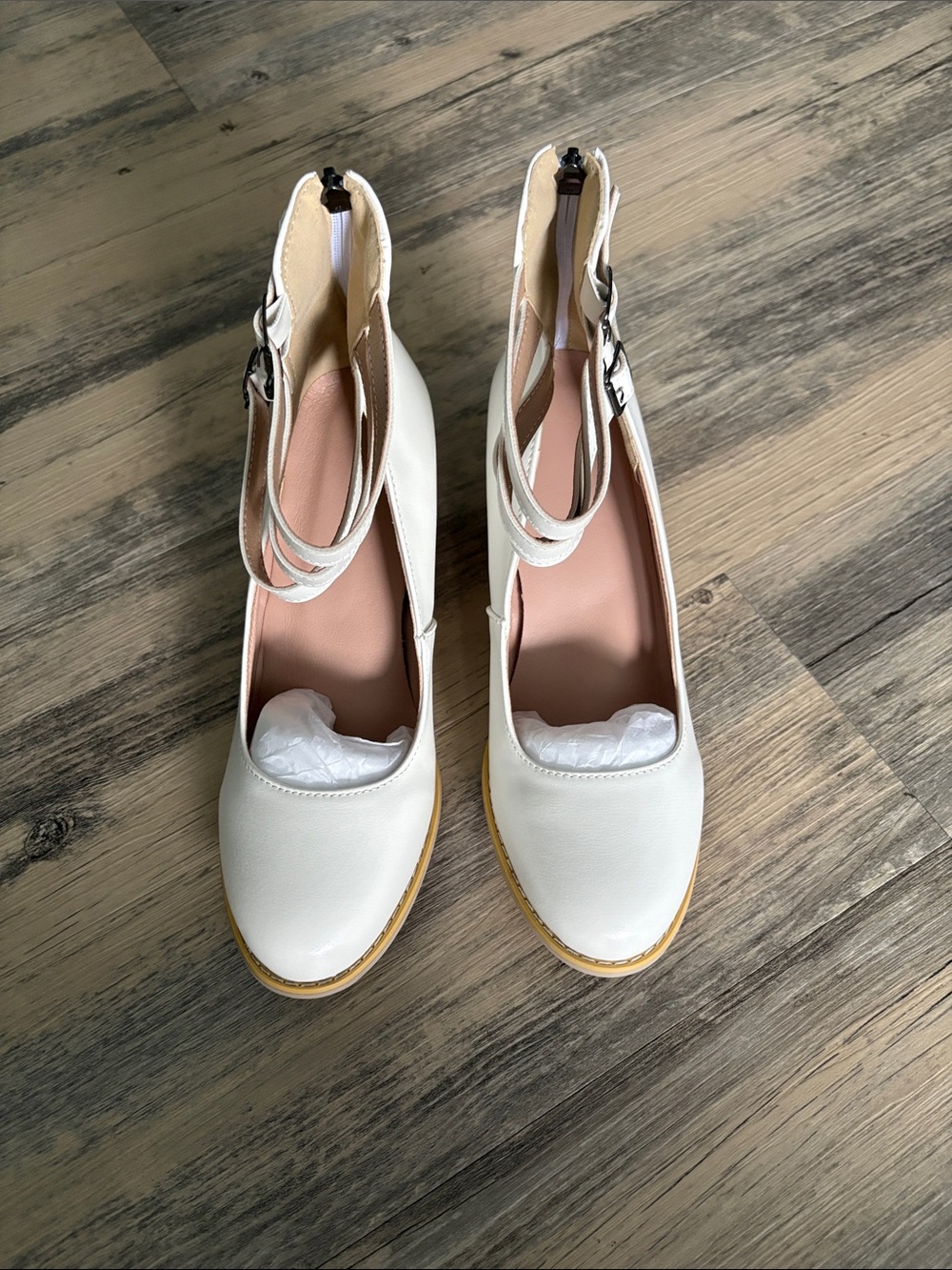 Women’s White Ankle-Strap Round-Toe Heels